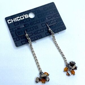 Chico's Silver Tone Chain Dangle Brown Glass Beaded Earrings Boho Statement